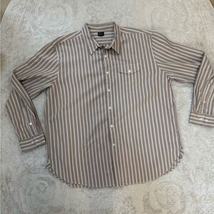 L.L.Bean XXL Striped Button Down Shirt Tan Brown 100%‎ Cotton Long Sleeve